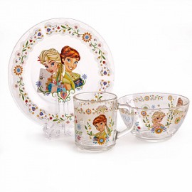 Набор посуды 3 предмета детский КРС-924 "Холодное сердце. Весна" (кружка 200 мл,тарелка мелкая 200 мм,салатник 130 мм) (стекло)