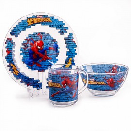 Набор посуды 3 предмета детский КРС-932 "Человек-паук" (кружка 200 мл,тарелка мелкая 200 мм,салатник 130 мм) (стекло)