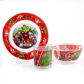 Набор посуды 3 предмета детский КРС-938 "Мстители" (кружка 200 мл,тарелка мелкая 200 мм,салатник 130 мм) (стекло)
