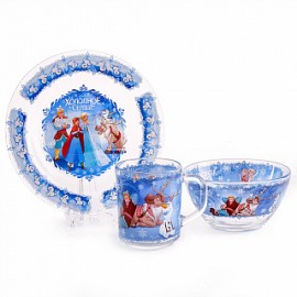 Набор посуды 3 предмета детский КРС-946 "Холодное сердце" (кружка 200 мл,тарелка мелкая 200 мм,салатник 130 мм) (стекло)